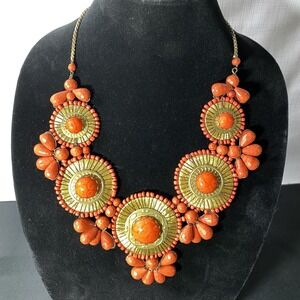 Red Orange Gold Tone Statement Necklace Womens Intricate Woven Bohemian